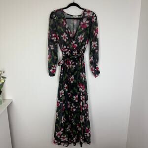 Stanlu Womens V-Neck Long Sleeve Tie Black Floral Sheer Lined Maxi Dress Small
